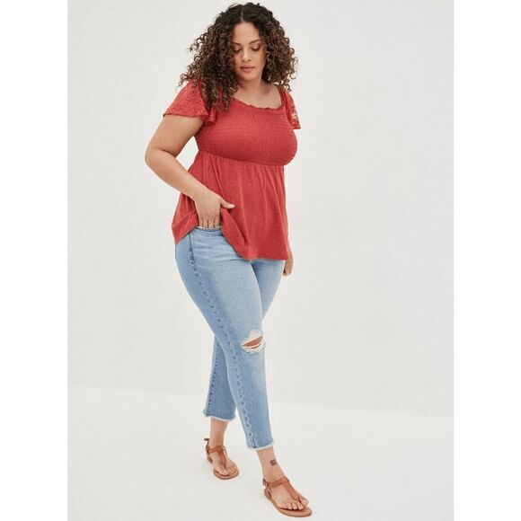 Torrid Smocked Lace Sleeve Babydoll Tank Blouse Cotton Burnt Orange Rust, 4X/26 - Picture 7 of 10